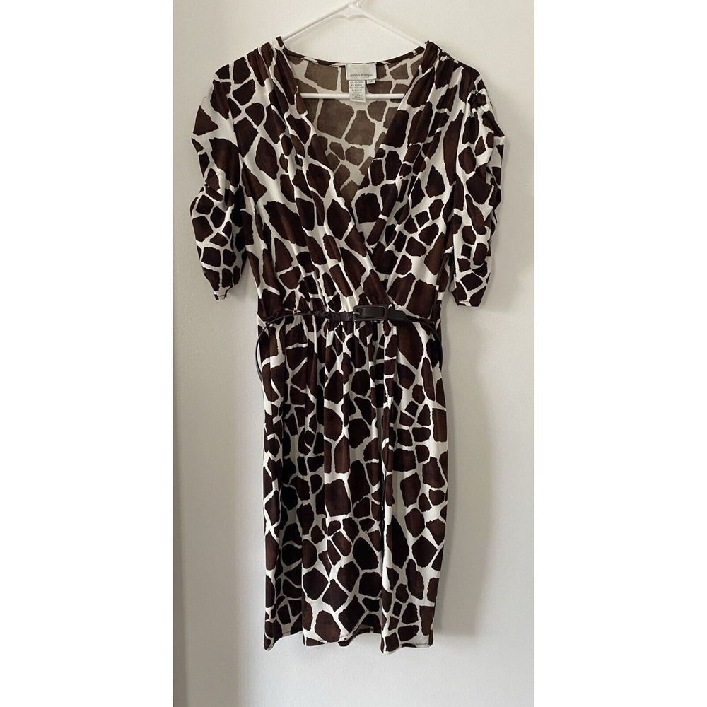 Donna Morgan Women's Brown White Animal Print Sheer‎ Belted Wrap Dress Size 12